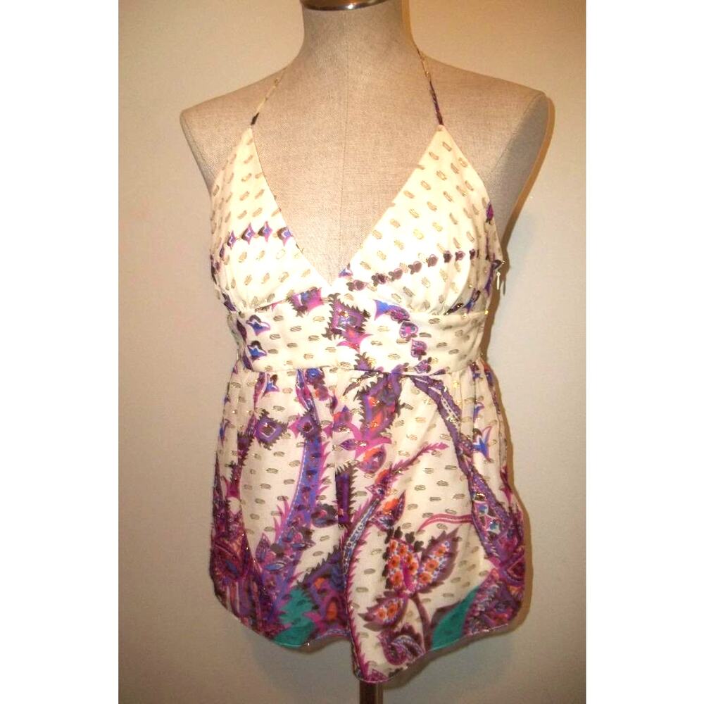 TIBI Cream-Gold & Multi-colored Floral Print Silk Halter Top Blouse Shirt 6